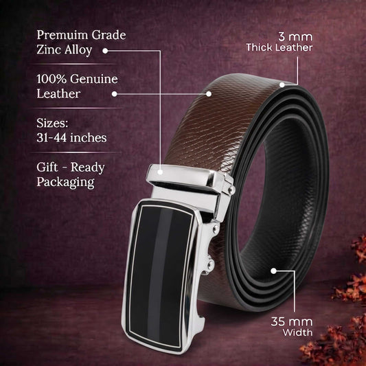 Mens 100% Genuine Leather Belt - REXVA Saffiano Texture, KLYNT Chrome Gloss-Black Auto-Lock Buckle (Brown & Black Reversible) — Leather Belts for Men | THE MEN THING
