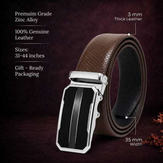 Mens 100% Genuine Leather Belt - REXVA Saffiano Texture, OVRIS Chrome-Frame Auto-Lock Buckle (Brown & Black Reversible) — Leather Belts for Men | THE MEN THING