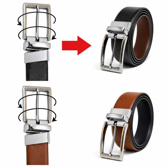 Mens 100% Genuine Leather Belt - SIGNORA Micro-Grain, AXIOM Polished Pin Buckle (Brown & Black Reversible) — Leather Belts for Men | THE MEN THING
