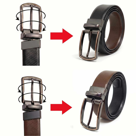 Mens 100% Genuine Leather Belt - SIGNORA Micro-Grain, MORVEX Matte Gunmetal Pin Buckle (Brown & Black Reversible) — Leather Belts for Men | THE MEN THING