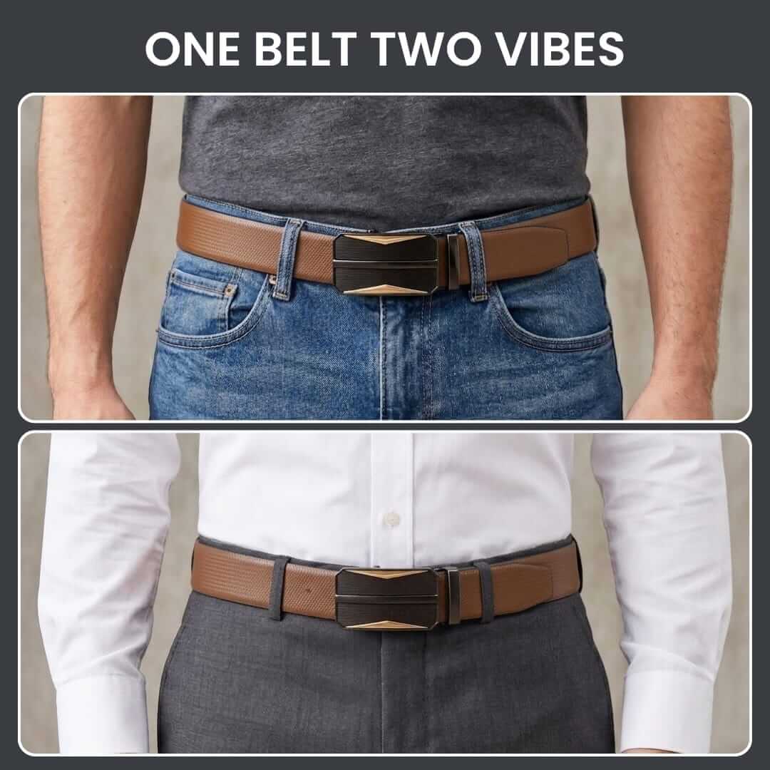 Mens 100% Genuine Leather Belt - SIGNORA Micro-Grain, RATCHOR Gold-Accent Auto-Lock Buckle (Brown & Black Reversible) — Leather Belts for Men | THE MEN THING