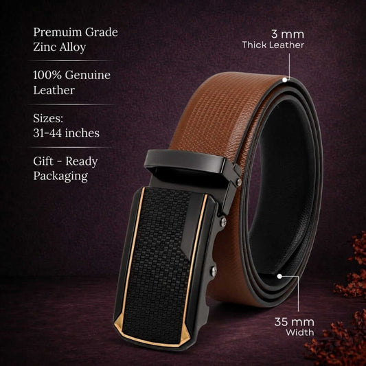 Mens 100% Genuine Leather Belt - SIGNORA Micro-Grain, KINGVAR Carbon-Texture Auto-Lock Buckle (Brown & Black Reversible) — Leather Belts for Men | THE MEN THING