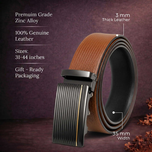 Mens 100% Genuine Leather Belt - SIGNORA Micro-Grain, DRAKO Ribbed Auto-Lock Buckle (Brown & Black Reversible) — Leather Belts for Men | THE MEN THING