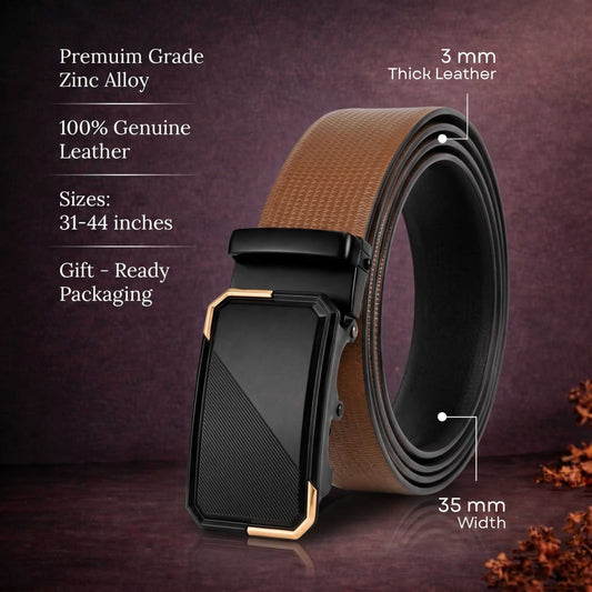Mens 100% Genuine Leather Belt - SIGNORA Micro-Grain, BELVARO Gloss Gold-Frame Auto-Lock Buckle (Brown & Black Reversible) — Leather Belts for Men | THE MEN THING