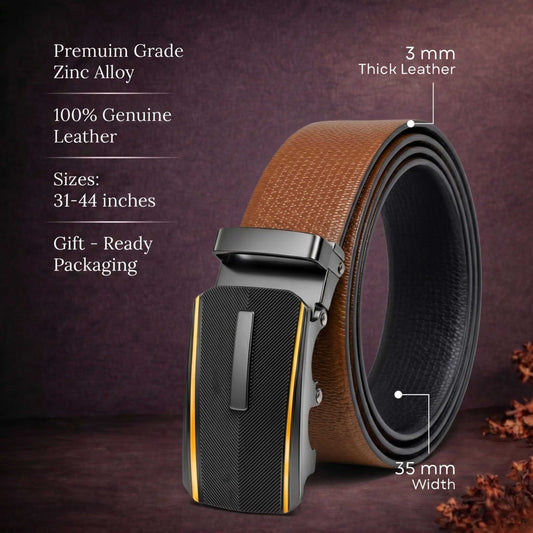 Mens 100% Genuine Leather Belt - SIGNORA Micro-Grain, REGALIX Textured Auto-Lock Buckle (Brown & Black Reversible) — Leather Belts for Men | THE MEN THING
