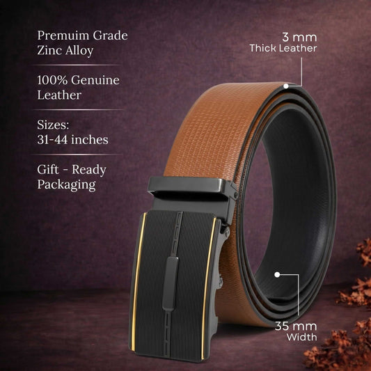 Mens 100% Genuine Leather Belt - SIGNORA Micro-Grain, VITARO Cross-Hatch Auto-Lock Buckle (Brown & Black Reversible) — Leather Belts for Men | THE MEN THING
