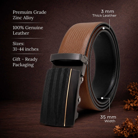 Mens 100% Genuine Leather Belt - SIGNORA Micro-Grain, RATCHON Pinstripe Auto-Lock Buckle (Brown & Black Reversible) — Leather Belts for Men | THE MEN THING