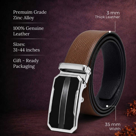 Mens 100% Genuine Leather Belt - SIGNORA Micro-Grain, OVRIS Chrome-Frame Auto-Lock Buckle (Brown & Black Reversible) — Leather Belts for Men | THE MEN THING
