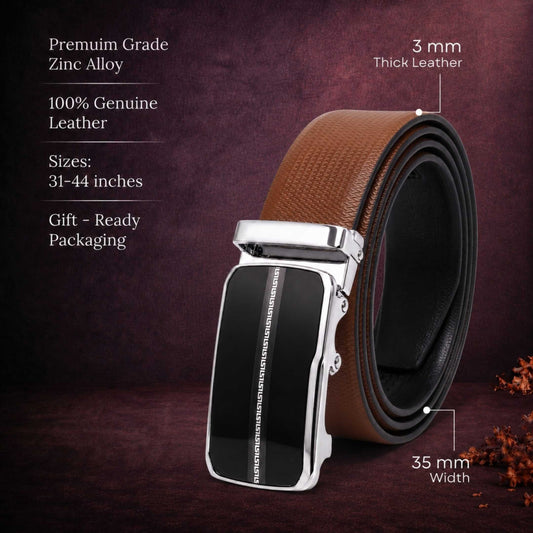 Mens 100% Genuine Leather Belt - SIGNORA Micro-Grain, ROYVIC Chrome Gloss Auto-Lock Buckle (Brown & Black Reversible) — Leather Belts for Men | THE MEN THING