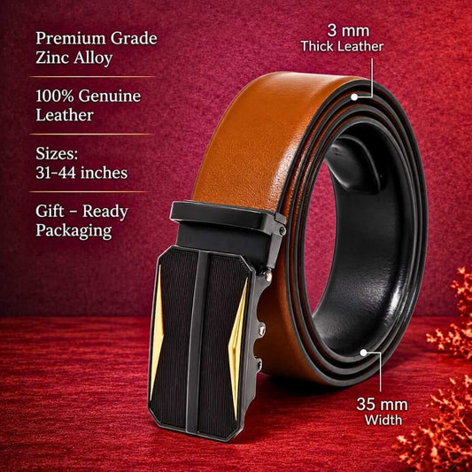 Mens 100% Genuine Leather Belt - VELARO Smooth Matte, RATCHOR Gold-Accent Auto-Lock Buckle (Brown & Black Reversible) — Leather Belts for Men | THE MEN THING