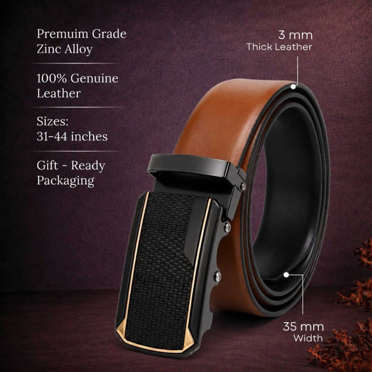 Mens 100% Genuine Leather Belt - VELARO Smooth Matte, KINGVAR Carbon-Texture Auto-Lock Buckle (Brown & Black Reversible) — Leather Belts for Men | THE MEN THING