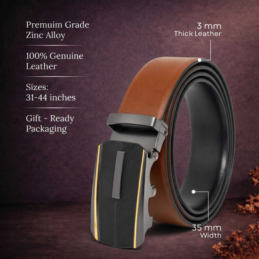Mens 100% Genuine Leather Belt - VELARO Smooth Matte, REGALIX Textured Auto-Lock Buckle (Brown & Black Reversible) — Leather Belts for Men | THE MEN THING