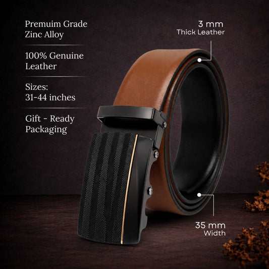 Mens 100% Genuine Leather Belt - VELARO Smooth Matte, RATCHON Pinstripe Auto-Lock Buckle (Brown & Black Reversible) — Leather Belts for Men | THE MEN THING