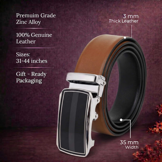 Mens 100% Genuine Leather Belt - VELARO Smooth Matte, KLYNT Chrome Gloss-Black Auto-Lock Buckle (Brown & Black Reversible) — Leather Belts for Men | THE MEN THING