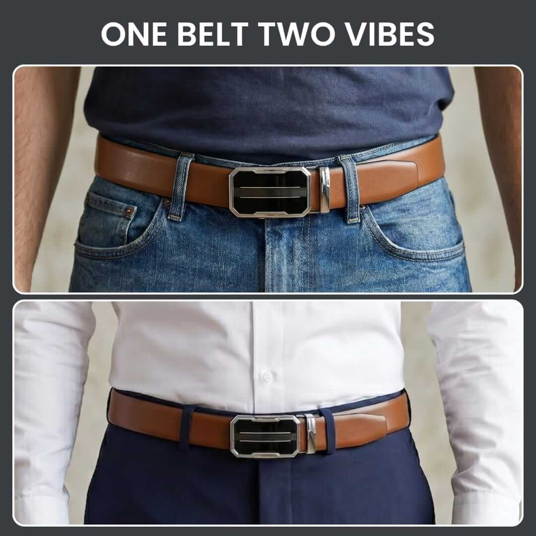 Mens 100% Genuine Leather Belt - VELARO Smooth Matte, OVRIS Chrome-Frame Auto-Lock Buckle (Brown & Black Reversible) — Leather Belts for Men | THE MEN THING