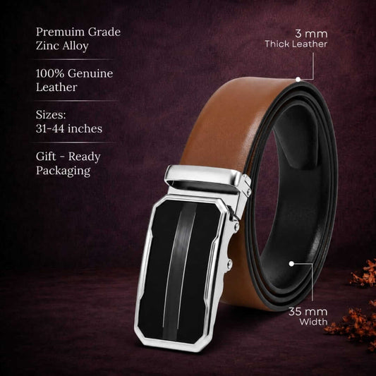 Mens 100% Genuine Leather Belt - VELARO Smooth Matte, OVRIS Chrome-Frame Auto-Lock Buckle (Brown & Black Reversible) — Leather Belts for Men | THE MEN THING