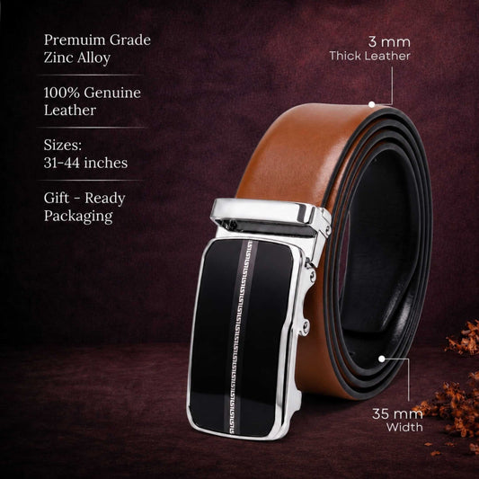 Mens 100% Genuine Leather Belt - VELARO Smooth Matte, ROYVIC Chrome Gloss Auto-Lock Buckle (Brown & Black Reversible) — Leather Belts for Men | THE MEN THING