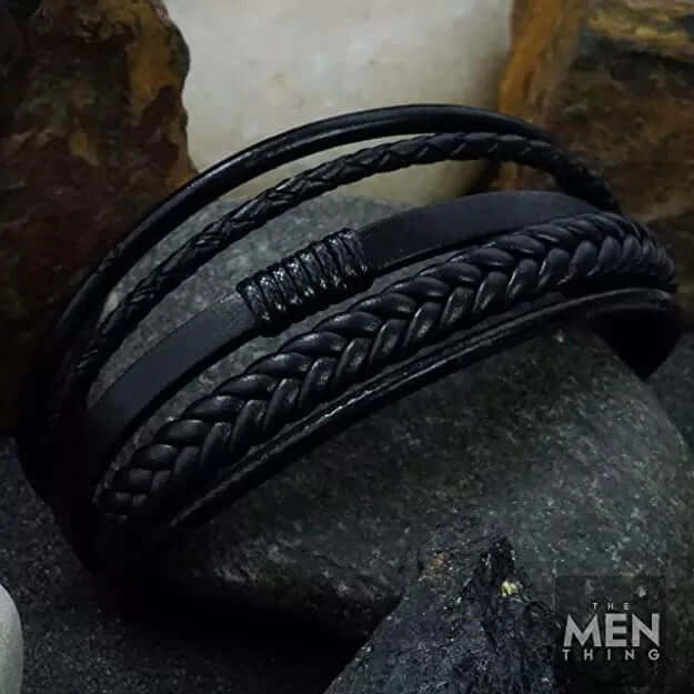 THE MEN THING Leather Bracelet ADRONIX BLACK - Leather Bracelet, Leather Multi-Layer Bracelet with Stainless Steel Magnetic Buckle for Men & Boys