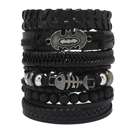 THE MEN THING Leather Bracelet BAT SHADOW FANG - 6 Pcs Genuine Leather Adjustable Bracelet for Men & Boys