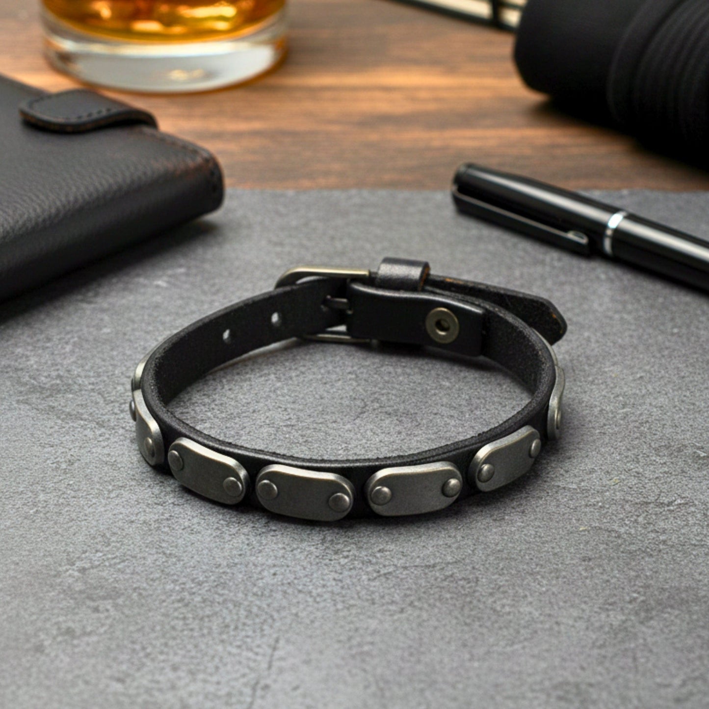 THE MEN THING Leather Bracelet BLACK BOLT - 10mm Black Genuine Leather Adjustable Bracelet for Men & Boys (9.5 inch)