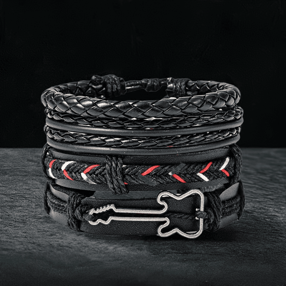 THE MEN THING Leather Bracelet BLACKFIRE KNOT - 4 Pcs Genuine Braided Leather Bracelet Set for Men & Boys (8 inch)