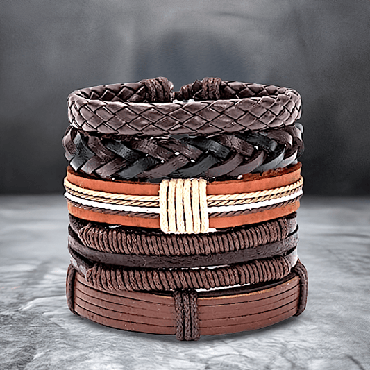 THE MEN THING Leather Bracelet BOUNDEDGE BRACELETS - 5 Pcs Genuine Braided Leather Bracelet Set for Men & Boys (8 inch)