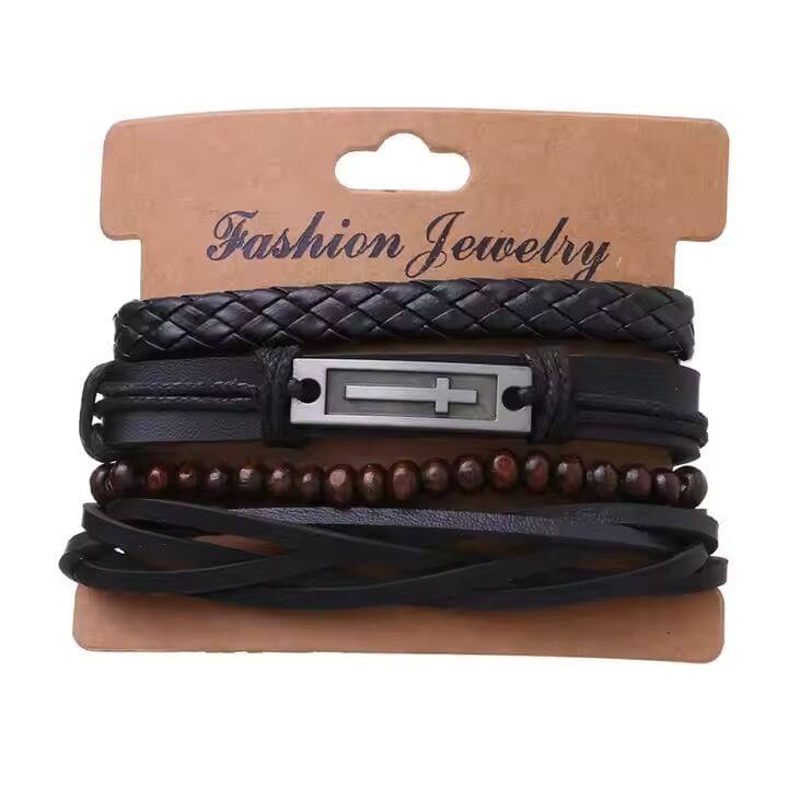 THE MEN THING Leather Bracelet BROTHERHOOD CUFF - 4 Pcs Genuine Braided Leather Bracelet Set for Men & Boys (8 inch)