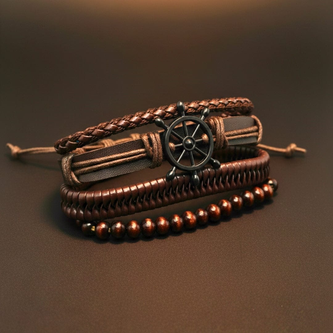 THE MEN THING Leather Bracelet CAPTAIN DESTINY - 4 Pcs Genuine Leather Adjustable Bracelet Set for Men & Boys (8 inch)