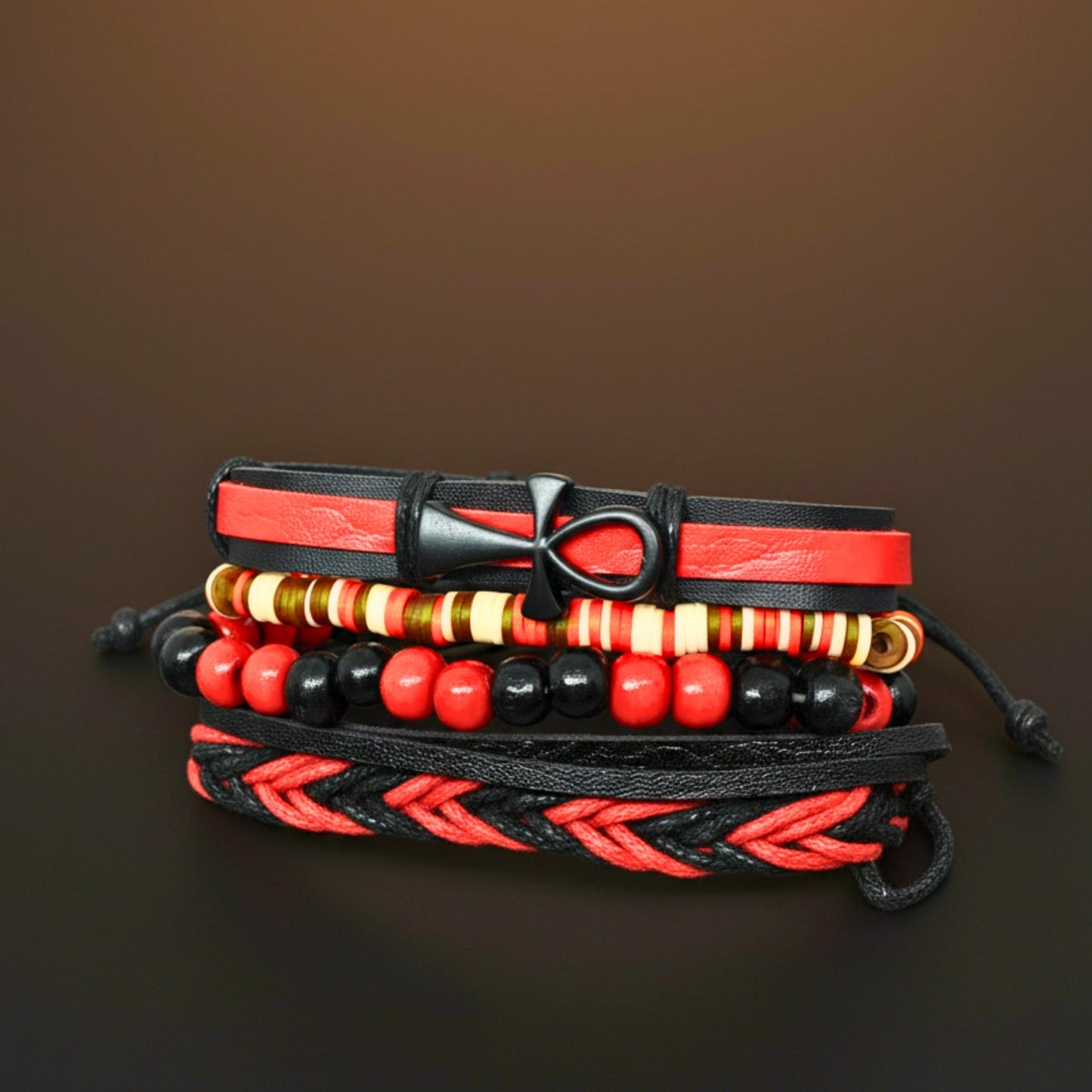 THE MEN THING Leather Bracelet CRIMSON ANKH CROSS - 4 Pcs Genuine Leather Adjustable Bracelet Set for Men & Boys (8 inch)