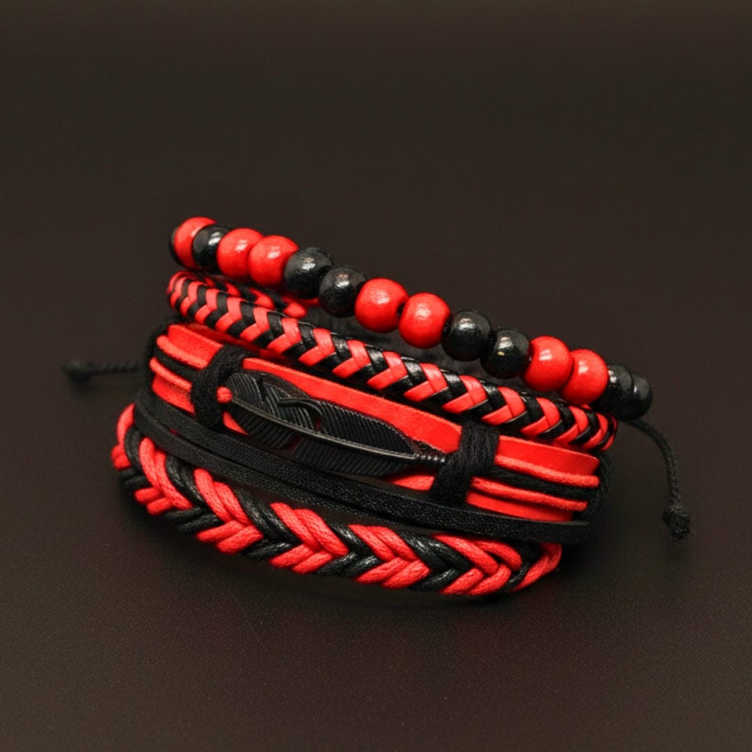 THE MEN THING Leather Bracelet CRIMSON FEATHER - 4 Pcs Genuine Leather Adjustable Bracelet Set for Men & Boys (8 inch)