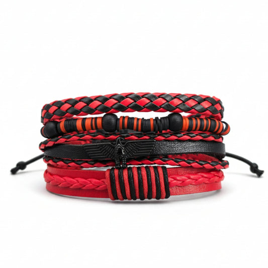 THE MEN THING Leather Bracelet CRIMSON FURY - 4 Pcs Genuine Leather Adjustable Bracelet Set for Men & Boys (8 inch)