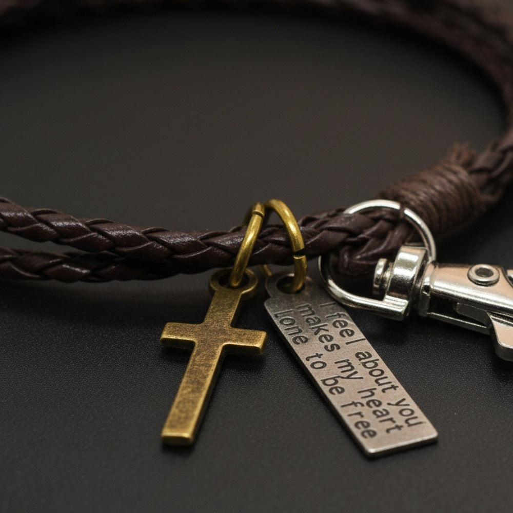 THE MEN THING Leather Bracelet CROSSLOOM - Coffee 8mm Genuine Leather Bracelet with Stainless Steel Lobster Clasp for Men & Boys (15 inch)