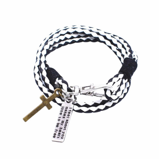 THE MEN THING Leather Bracelet CROSSLOOM - White and Black 10mm Genuine Leather Bracelet with Stainless Steel Lobster Clasp for Men & Boys (15 inch)
