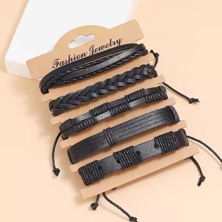 THE MEN THING Leather Bracelet DARK ALPHA - 5 Pcs Genuine Braided Leather Bracelet Set for Men & Boys (8 inch)