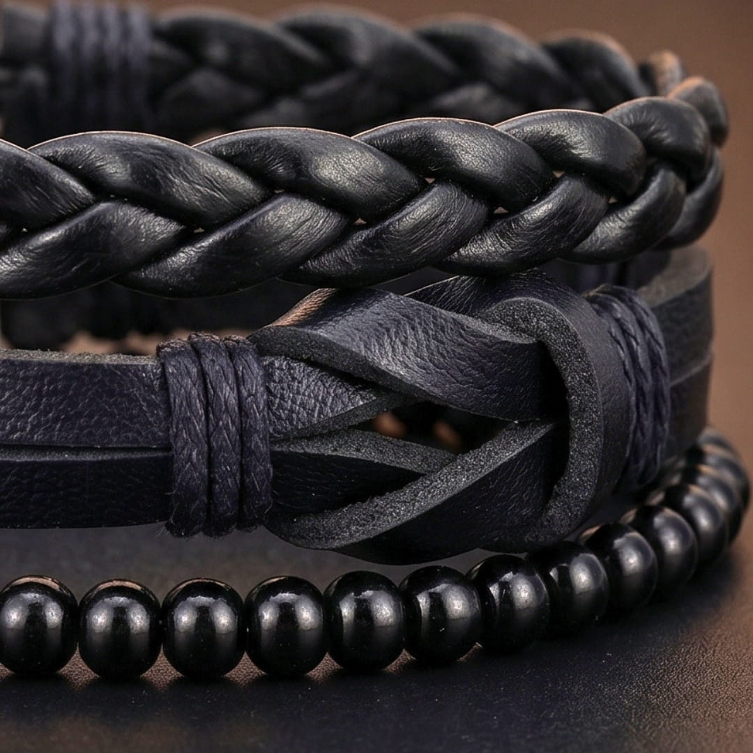 THE MEN THING Leather Bracelet DARK LATTICE - 3Pcs Genuine Leather Adjustable Bracelets Set for Men & Boys
