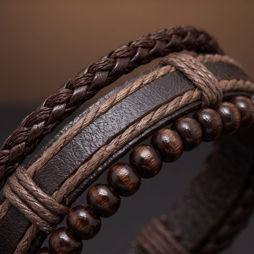 THE MEN THING Leather Bracelet DARK OAK - 3Pcs Genuine Leather Adjustable Bracelets Set for Men & Boys