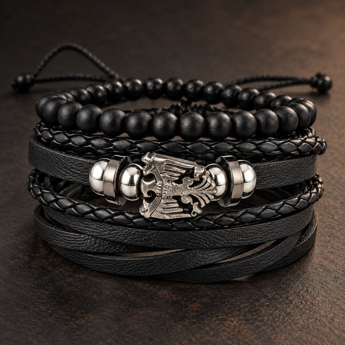 THE MEN THING Leather Bracelet DARK WINGS - 3 Pcs Genuine Braided Leather Bracelet Set for Men & Boys (Adjustable)