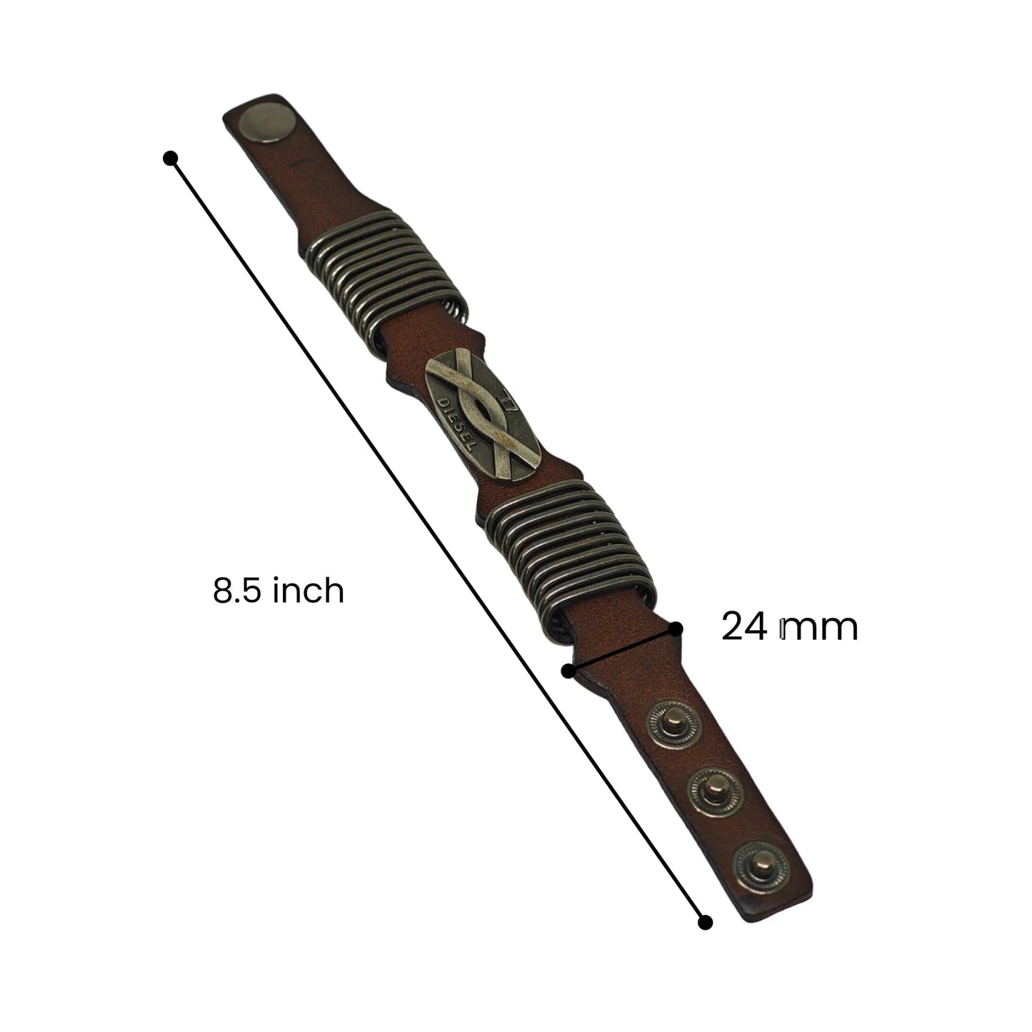 THE MEN THING Leather Bracelet DIESELCOIL HERITAGE - 24mm Genuine Leather Bracelet with Stainless Steel Stud button Closure for Men & Boys (8.5 inch)
