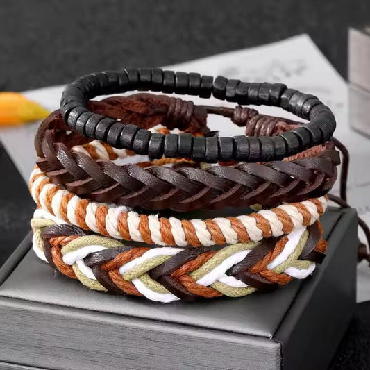 THE MEN THING Leather Bracelet DUNE BAND - 4 Pcs Genuine Braided Leather Bracelet Set for Men & Boys (8 inch)