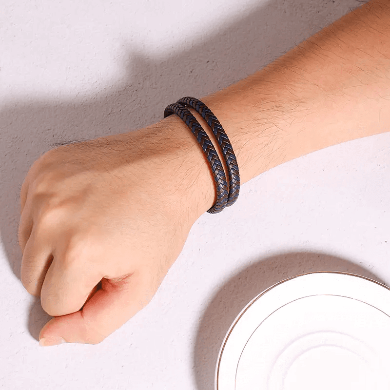 THE MEN THING Leather Bracelet ENIGMA WEAVE BROWN - Double Genuine Leather Braided Bracelet with Stainless Magnetic Buckle for Men & Boy (8 inch)