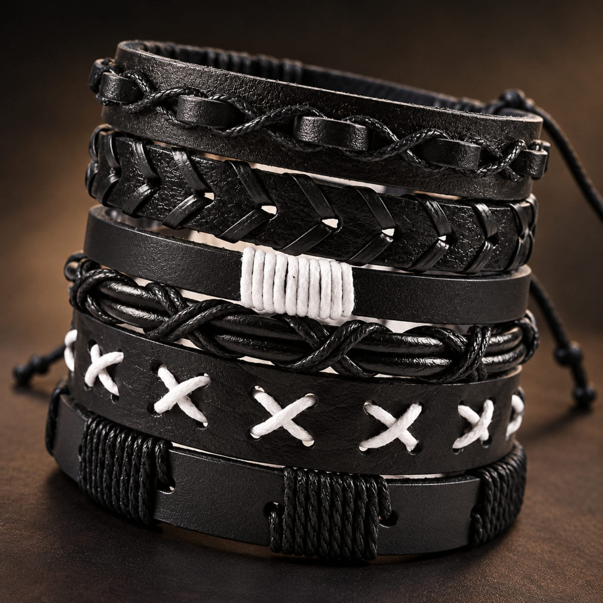 The Men Thing Leather Bracelet EVOLVE BAND - 6 Pcs Genuine Braided Leather Bracelet Set for Men & Boys (8 inch)