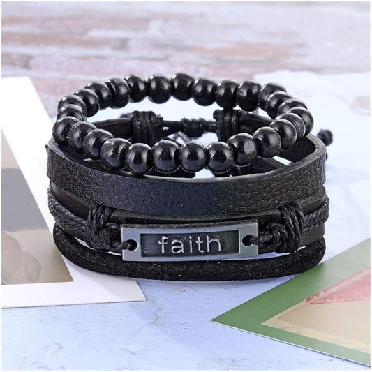 THE MEN THING Leather Bracelet FAITHAURA - 4 Pcs Genuine Braided Leather Bracelet Set for Men & Boys (8 inch)