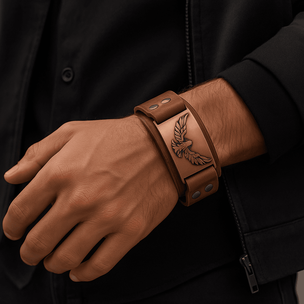 THE MEN THING Leather Bracelet FIRESTORM PHOENIX BAND - Red Copper Genuine Braided Leather Bracelet Set for Men & Boys (8 inch)