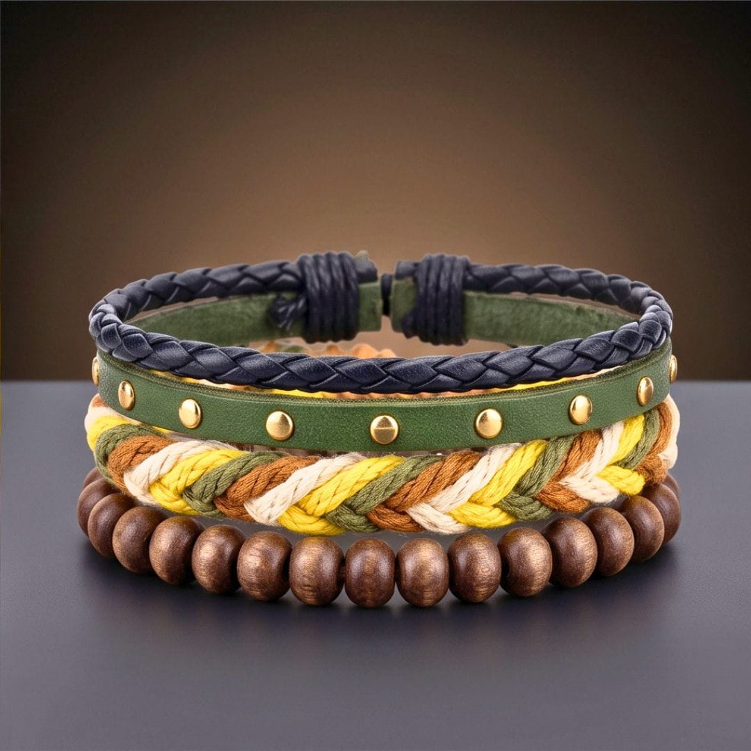THE MEN THING Leather Bracelet FOREST EDGE - 3Pcs Genuine Leather Adjustable Bracelets Set for Men & Boys (8 inch)