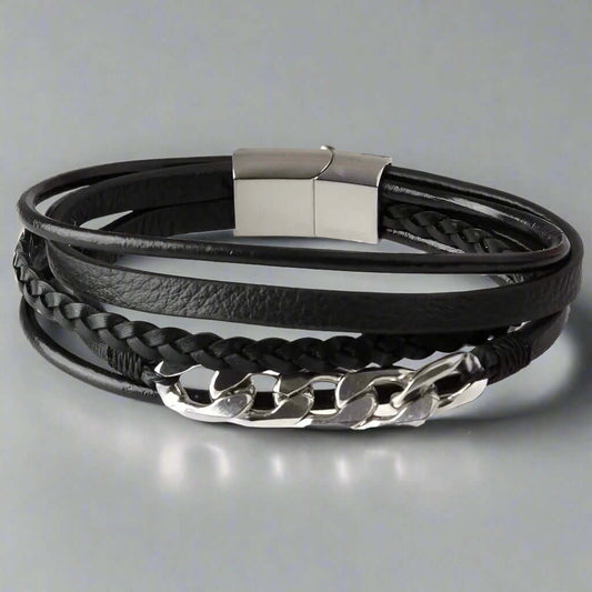 THE MEN THING Leather Bracelet FUSION MINGLE BLACK - Leather with Stainless Steel Bracelet with 100% Stainless Steel Magnetic Buckle for Men & Boys (8 inch)