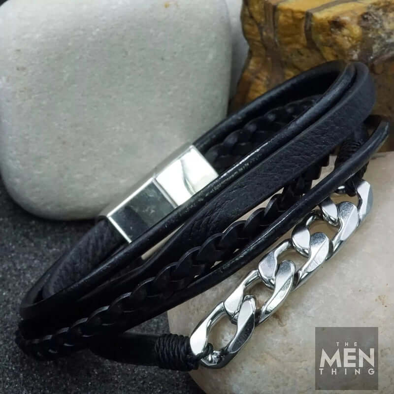 THE MEN THING Leather Bracelet FUSION MINGLE BLACK - Leather with Stainless Steel Bracelet with 100% Stainless Steel Magnetic Buckle for Men & Boys (8 inch)