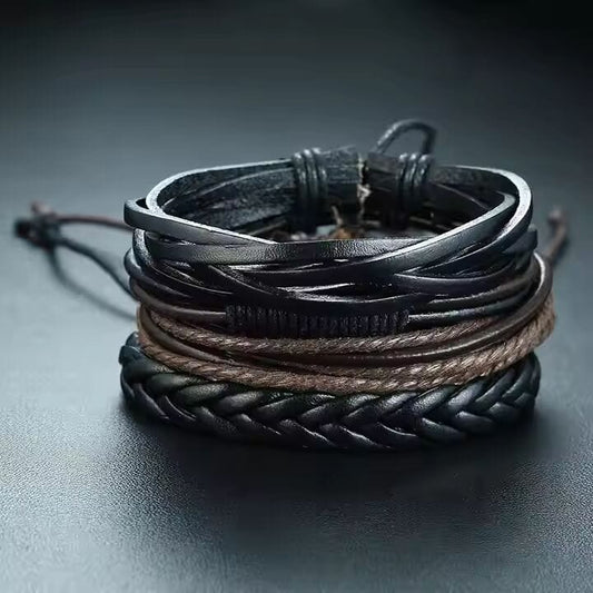 THE MEN THING Leather Bracelet GLADIATOR BAND - 4 Pcs Genuine Braided Leather Bracelet Set for Men & Boys (8 inch)