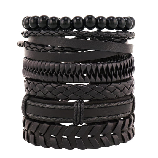 THE MEN THING Leather Bracelet GRIT WEAVE BLACK - 6 Pcs Genuine Leather Adjustable Bracelet for Men & Boys