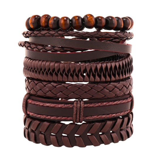 THE MEN THING Leather Bracelet GRIT WEAVE BROWN - 6 Pcs Genuine Leather Adjustable Bracelet for Men & Boys