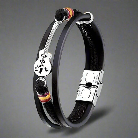 THE MEN THING Leather Bracelet GUITAR CHARM BLACK - Three Strand Genuine Leather Bracelet with Stainless Steel Magnetic Buckle for Men & Boy (8 inch)